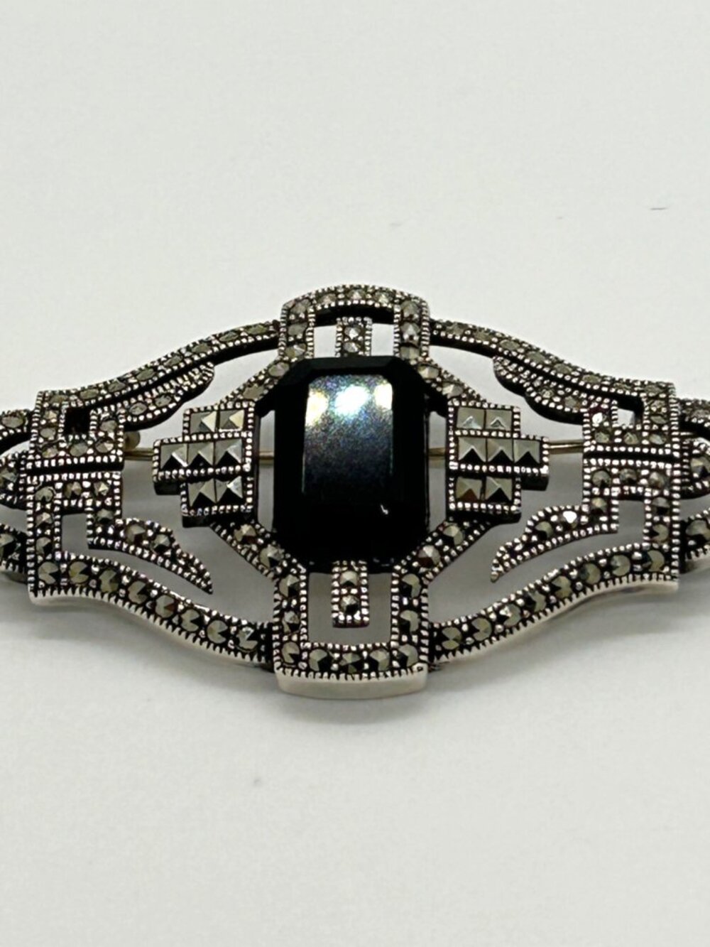 Judith Jack Vintage Art Deco Sterling Silver 925 Black Onyx Marcasite Pin Brooch